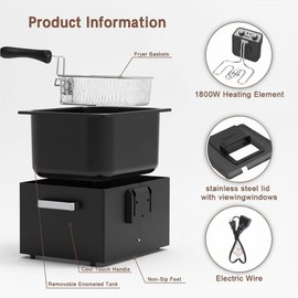 Vexon Large Electric Deep Fryer 4.9L/20 Cups, 1800W Black Stainless Steel Countertop Pot with 3 Frying Baskets, View Window Lid & Adjustable Temperature, Ideal for Home Fish Frying