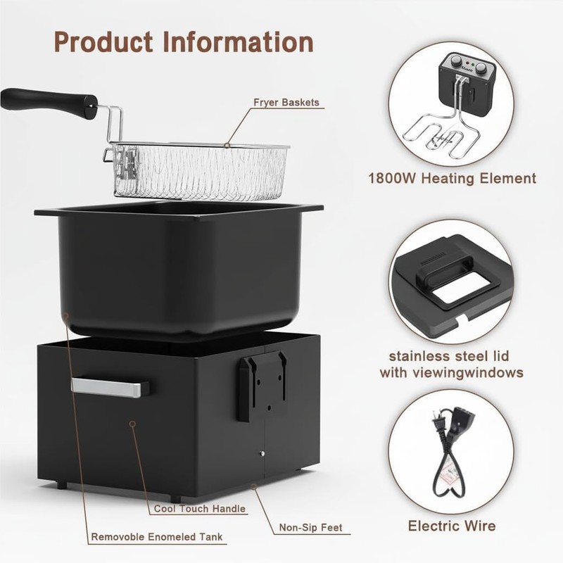 Vexon Large Electric Deep Fryer 4.9L/20 Cups, 1800W Black Stainless