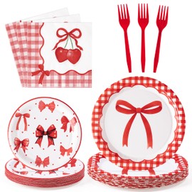 G1ngtar 96Pcs Red Bow Party Plates Supplies - Serves 24 - Coquette Watercolor Bowknot Party Tableware Decoration Disposable Paper Plates Napkin Fork for Girl Bachelorette Engagement Wedding Birthday