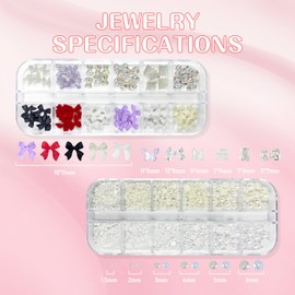 REMMUSSS Art Nail Charms, 2 Box 24 Grids Aurora Bear Flowers Pearl Bow Nail Art Charms, 3D Multi Shapes Nail Charms, Acrylic Nail Decorations, DIY Decoration for Women Manicure