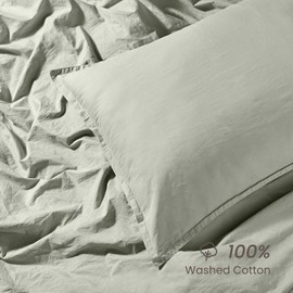 BIOWEAVES 100% Organic Washed Cotton Percale Weave Duvet Cover Queen Set | GOTS Certified Full/Queen Duvet Cover & 2 Pillow Shams – 88x92 inches, Sage