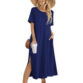 Zeagoo Maxi Dresses for Women 2025 Boho Cover Up Vacation Beach A Line Sun Dress Bohemian Sun Half Sleeve Split Floral Pettie Long Maxi Dress with Pockets Navy L