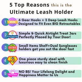 Vascito Premium Dog Closet Leash Hooks for Wall, Dog Collar holder,13.5" Dog Shelf, and 3 Large Airtight Dog Treat Containers, Dog Stuff Organizer, Dog Walking Accessories, Jars for Puppy Essentials