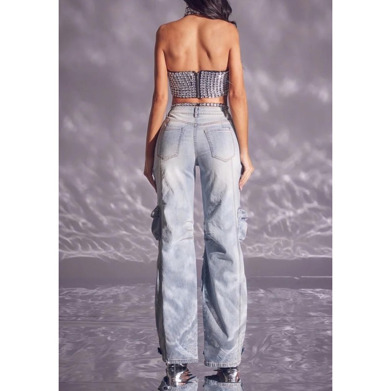 LETSVDO Women's Rhinestone Cargo Jeans High Waisted Wide Leg Baggy