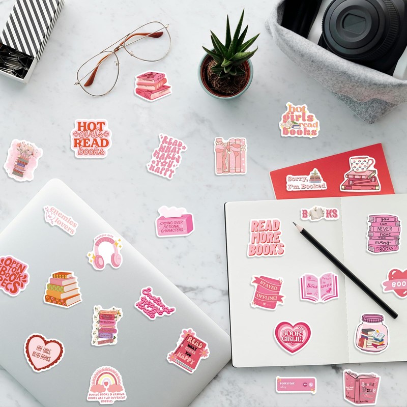 120pcs Bookish Pink Cartoon Stickers, Waterproof Reusable Reading Stickers