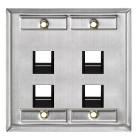 Leviton 4-Port Angled Stainless Steel QuickPort Dual Gang Wallplate with ID Windows, 43081-2L4, Black