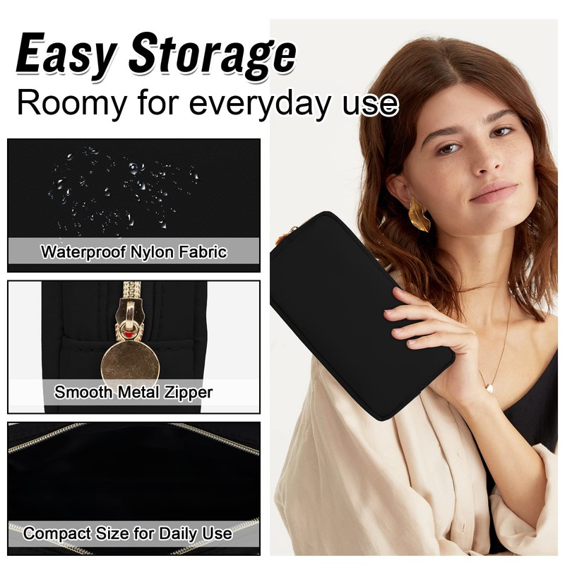 izuzta Nylon Lager Small Slim Mini Makeup Bag Organizer, Black,