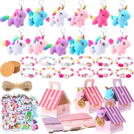 Remuuly 100 Pcs Unicorn Party Favor for Girls Mini Plush Unicorn Bulk Unicorn Stuffed Animals Plush Keychains Unicorn Gift Box Unicorn Bracelet Sticker for Goodie Bag Birthday Party Students