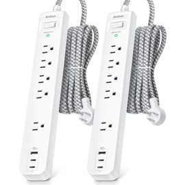 6Ft Power Strip Surge Protector, Flat Extension Cord - Outlet Extender with USB C 5 Wildely AC Outlets, Flat Plug, Desktop Charging Station for College Dorm Room Essentials, White