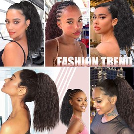 MEIRIYFA Short Black Ponytail Extension Curly Wavy Ponytail Extension Clip In Ponytail Synthetic Hairpiece Heat Resistant for Daily Use 40 cm