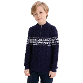 SMILING PINKER Boys Christmas Jumper Quarter Zip Cable Knit Pullover Sweater Snowflake Winter Tops(Navy Blue,5-6 Years)