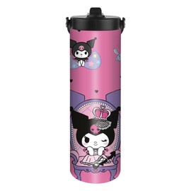 HOOKTA Kuromi Stainless Steel Water Bottle, 590 ml, Stainless Steel with Handle, Kitty Sport Water Bottles with Straw, Leak-Proof, Reusable Drink Cup (Sitting)