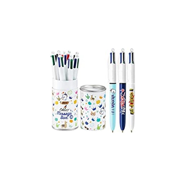 BIC 4 Colours Message Box - Ball Pens Medium Point (1.0 mm) - Assorted Messages, Metal Gift Box of 8