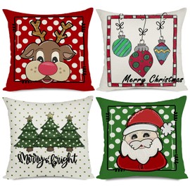 Ywlake Set of 4 Christmas Cushion Covers 20x20, Merry Christmas Series Cartoons Pattern Cotton Linen Decorative Throw Pillow Covers Cases Cushion for Sofa