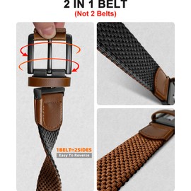 BULLIANT Men Belt Rerversible Golf Belt Stretch Braided for Gift Men 1 3/8"-2 In 1 Belt(Black/Light Brown,42"-46" Waist Adjustable)