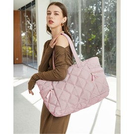Prite Quilted Tote Bag for Women, Lightweight Puffer Tote with Zipper, Travel Work Nurse Gym Bag(Pink)