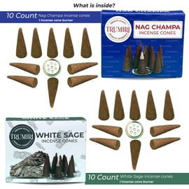 Incense Cones - Combo Pack of 20 Cone Incense - 10 Nag Champa + 10 White Sage - Insence Cones - Incense Cones Scented - Cone Incense Scents - Insense Cones - Incent Cone