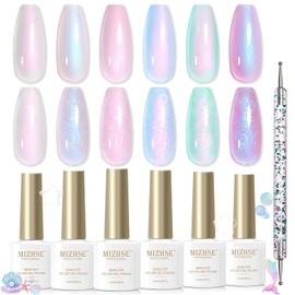 MIZHSE Pearl Gel Nail Polish Set, 6 Colors Iridescent Shimmer Aurora Blue Pearl White Purple Mermaid Gel Nail Polish Soak Off U V LED Shell Thread Effect,for Nail Salon Home Manicure