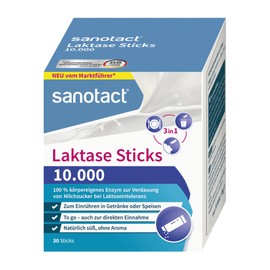 sanotact Laktase Sticks 10.000 – 30 Sticks – 3-in-1 Laktase Pulver zur Unterstützung bei Laktoseintoleranz – Sofortwirkung – ohne Aroma – direkt, im Getränk oder Essen einnehmbar