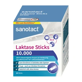 sanotact Laktase Sticks 10.000 – 30 Sticks – 3-in-1 Laktase Pulver zur Unterstützung bei Laktoseintoleranz – Sofortwirkung – ohne Aroma – direkt, im Getränk oder Essen einnehmbar