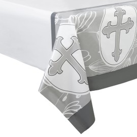 ROYAL BLUEBONNET Gray Cross Baptism Tablecloth -Set of 2- Baptism Party Decorations, Easter Tablecloth Plastic for 6 or 8 Foot Table, Cross First Communion, Confirmation, Christening Table Cloth