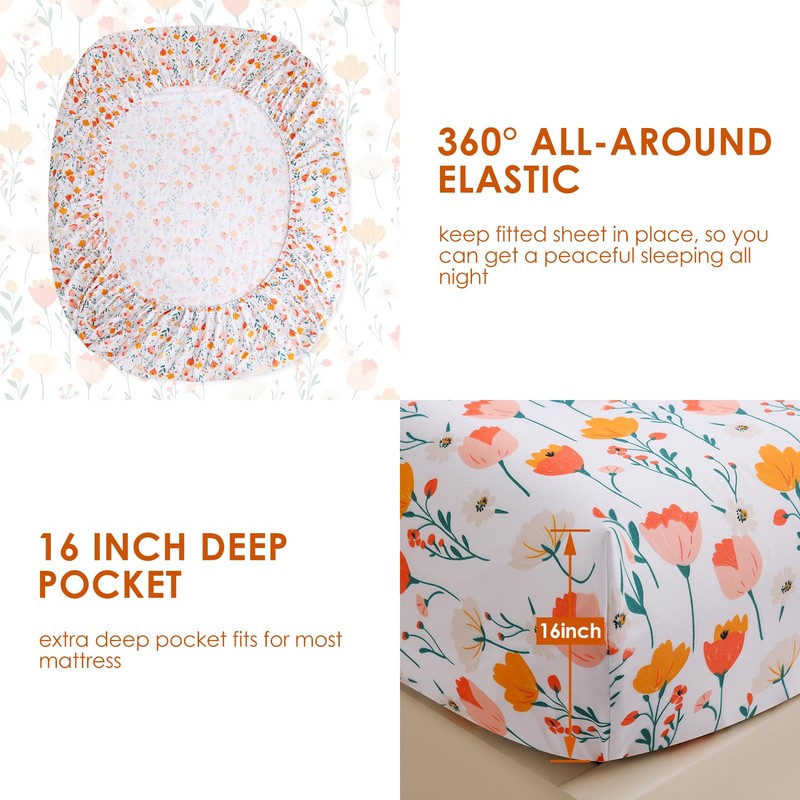 JSD Tulip Floral Sheet Set Twin Size, 3 Piece Spring