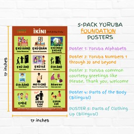 Yoruba Language Foundation Educational Posters for Education of Kids and Toddlers for Teaching and Learning Yoruba Alphabets, Numbers, Body Parts, Clothing and Greetings (Pack of 5-11 x 17 inch)