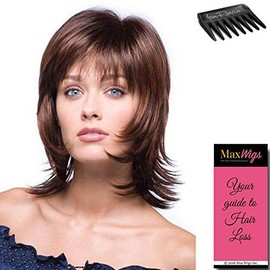 Bailey Wig Color Ginger Brown - Rene of Paris Wigs 6.5" Mid Length Layered Shag Wispy Bangs Synthetic Open Weft Cap Bundle w/Comb, MaxWigs Hairloss Booklet