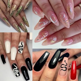 8 Sheets Gold Snake Nail Stickers Black Snake Nail Art Stickers 3D Self-Adhesive Bronzing Horror Snake Star Moon Sun Nail Design Supplies Gold Silver Black White Nail Decoration for Women Manicure DIY