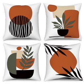 Hnmdmyi Boho Cushion Cover, 45 x 45 cm, Set of 4, Abstract Leaf Plant Sunset Decorative Cushion Covers, Geometry Line, Minimalist Modern Art, Aesthetic Linen Cushion Cover for Home Decor