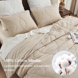 Simple&Opulence 100% Cotton Muslin Duvet Cover Set Queen Size 88x92”, 3 PCS Gauze Comforter Cover with 2 Pillow Shams, Ultra-Soft Breathable Textured Hand Stitching Bedding Quilts(Khaki, Queen)