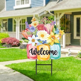JarThenaAMCS Spring Flower Metal Garden Stakes Colorful Floral Vase Decorative Lawn Sign Welcome Yard Sign for Home Outside Lawn Porch Walkway Decor