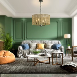 Giutna Rattan Wicker Drum Chandeliers for Dining Room, 4-Light Bohemian Hand-Woven Farmhouse Drum Pendant Chandelier Light Fixture for Entryway Living Room Kitchen Stairway Bedroom Hallway