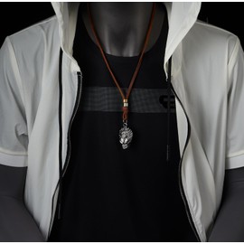 Wolf Head Pendant Necklace, Mens Leather Cord Necklace, Viking Norse, Adjustable Brown Leather Cord(CA)