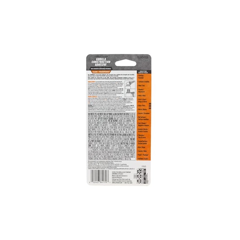 Gorilla Max Strength - calcomanía de construcción, pegamento transparente, tubo