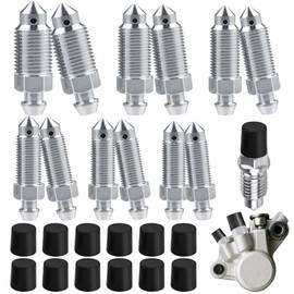 Brake Bleeding Hollow Screw 6 Sizes with Cap, Bleeding Screw for Brakes, Many Vehicle Types, Motorcycle, Bicycle, M6 x 1 mm, M7 x 1 mm, M8 x 1.25 mm, M10 x 1 mm, M12 x 1 mm, M10 x 1.25 mm, Pack of 24