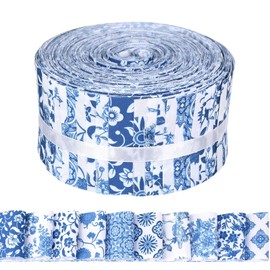 Bolsome 50Pcs Chinoiserie Jelly Polyester Fabric Strips White Blue Floral Quilting Strips Assorted Patterns Patchwork Craft Sewing Supplies for Quilters and Sewing Crafts, 39.37 × 2.55 Inch