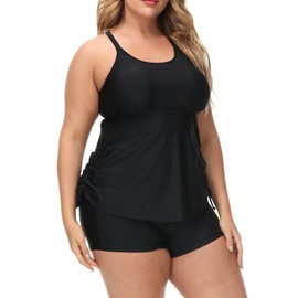 Hanna Nikole Tankini Women's Large Size Swimsuits, Tummy Control Two Piece Swimwear with High-Waist Shorts, black