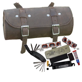 London Craftwork Vintage Brown Leather Roll Bag + Bike Repair Kit (Multitool Breakdown Kit)