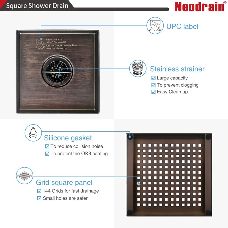 Neodrain 6 in Square Shower Drain, Oil Rubbed Bronze, Removable