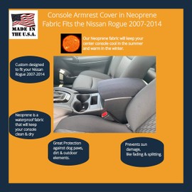 Auto Console Covers- Fits The Nissan Rogue 2007-2014 Center Console Armrest Cover Waterproof Neoprene Fabric (Black)
