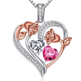 Iefil Birthday Gifts for Women - 925 Sterling Silver Birthstone Necklace, Anniversary Birthday Gifts for Wife Girlfriend, April White Topaz & October Pink Tourmaline Jewelry