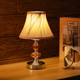 SYLW Small Modern Crystal Bedside Table Lamp, 7 x 7 x 12 Inch Electroplaetd Silver Base Table Lamp for Bedrooms and Office (Pink Pleated Bell Shape Shade)