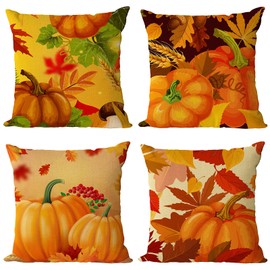 Fall Pillow Covers 18x18 Set of 4 Thanksgiving Autumn Decorative Cushion Covers Orange Fall Pumpkin Leaves Outdoor Square Throw Pillow Cases for Home Couch Sofa Decorations 45x45 cm