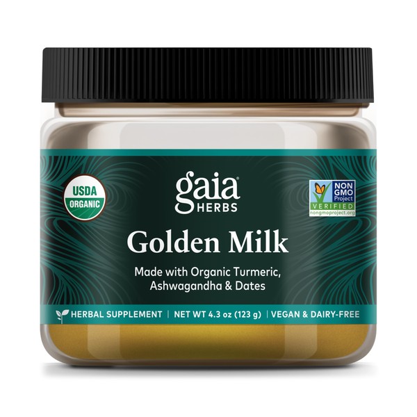 Gaia Herbs Golden Milk Supplement Powder - Made with Organic Turmeric Curcumin, Black Pepper, Ashwagandha, Dates, Cardamom, and Vanilla for an Ayurvedic Cup of Natural Calm - 4.3 Oz (35-Day Supply)