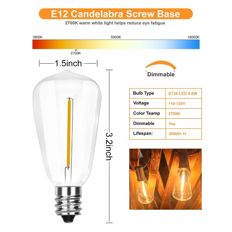 SUNSGNE 25Pack LED String Light Bulbs, ST38 Shatterproof Replacement Bulbs