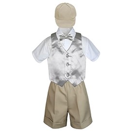LEADERTUX Baby Kid Toddler Boy Formal Suit Khaki Shorts Shirt Hat Bow tie Vest Set Sm-4T (2T, Silver)