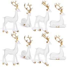 Wenqik 8 Pcs Christmas Reindeer Figurines Deer Christmas Decor Xmas Sitting Standing Deer Statues Rustic Small Reindeer Sculpture for Home Living Room Cabinet Table Indoor Decoration Gift(White)