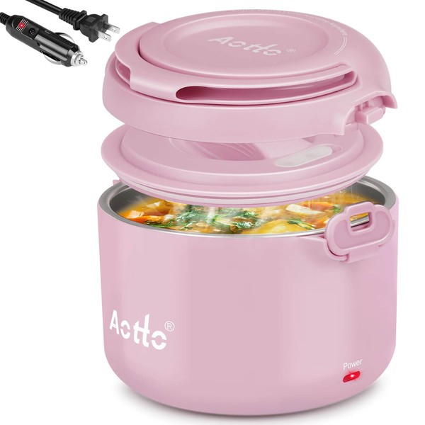 Aotto Electric Lunch Box, 50/70/80W 3 in 1 Portable Food Warmer Heated Lunch Boxes for Adults, 12V 24V 110V Food Heater for Car/Truck/Travel/Office/Work/Home 32oz Leakproof Mini Personal Pink