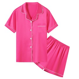 Silk Pajamas Sets for Women, 2 Pcs Sleepwear Silk Button-Down Pjs Outfit Lounge Set, Hot Pink, US XL